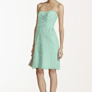 David's Bridal Short Strapless All Over Lace Dress Mint